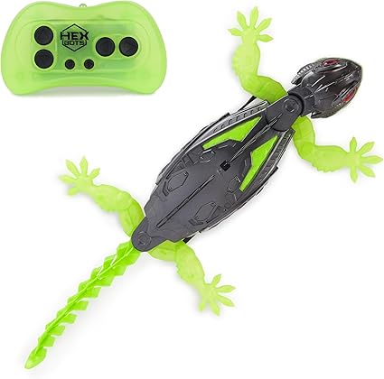 Hex Bots Gecko-Toys-Spin Master-WALL CRAWLING MOVEMENT: Watch the creepy-crawly motion of the Wallcrawler robot toy as it crawls across the floor and climbs up walls, just like a real gecko! Scare your family and friends with the life like movement! FULL FUNCTION REMOTE: Easy-to-use remote control allows for intuitive play as users can control up to 25 ft (8 m) and move in all directions. REALISTIC DESIGN: This light up toy come with LED eyes that can be seen in the dark, green silicone tail and limbs, and