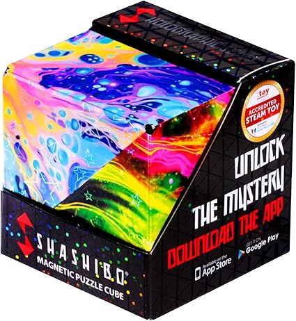 Packaging of Shashibo magnetic puzzle cube in a colorful box with the product name and a tagline 'Unlock the mystery, download the app'.