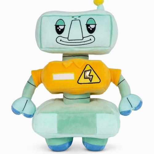 Plush toy robot with a light blue head and torso, yellow chest, and blue arms and legs on a white background. lankybox and spongebob collaboration