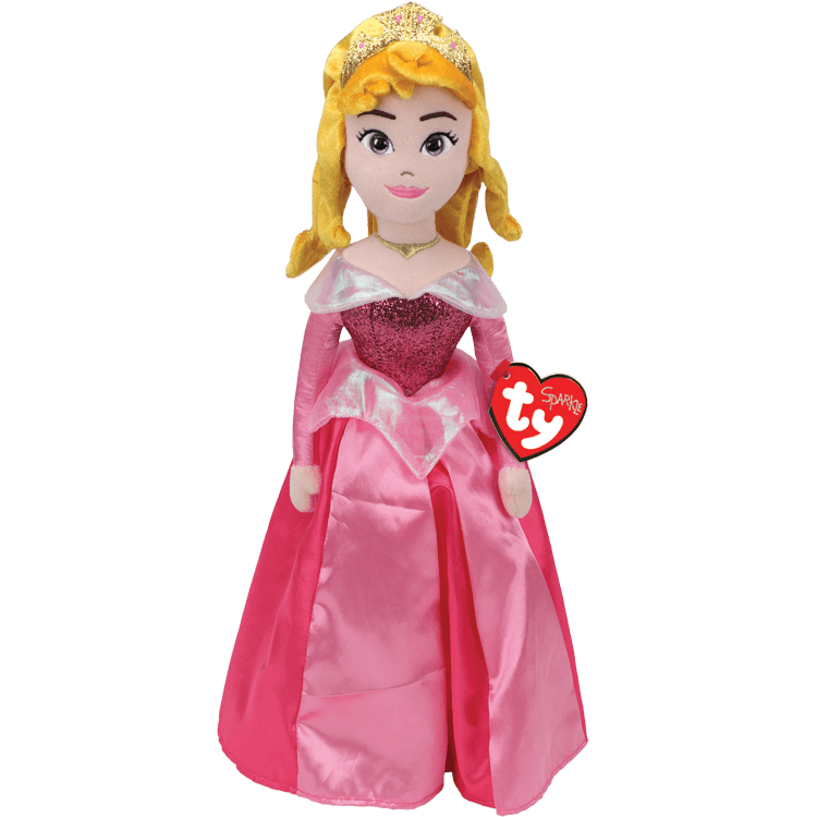 A TY brand Aurora doll from the Disney Princess collection, featuring a pink dress with sparkles and a gold crown.