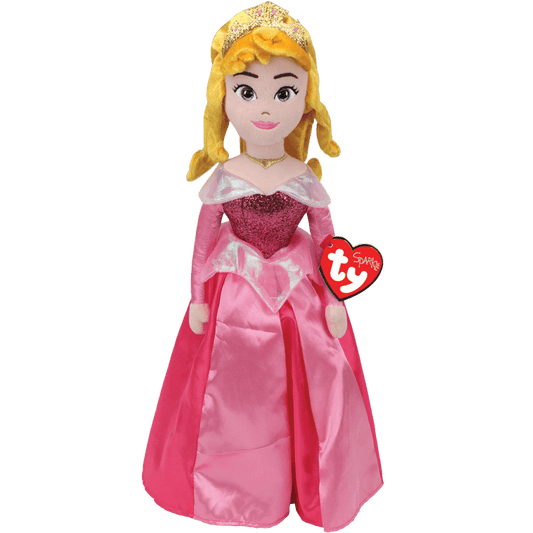 A TY brand Aurora doll from the Disney Princess collection, featuring a pink dress with sparkles and a gold crown.