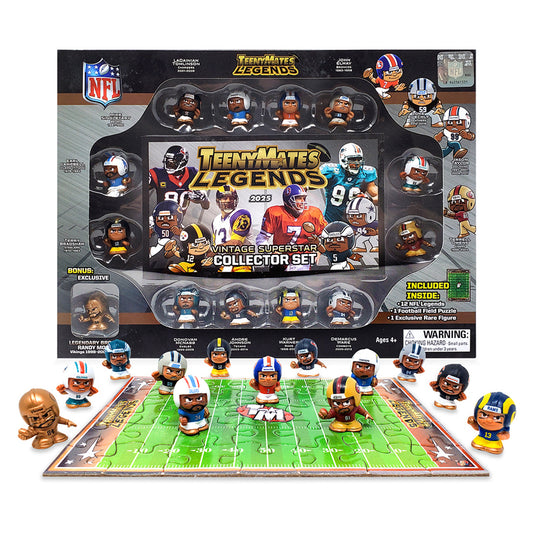 A Teenymates Legends NFL collector set display featuring various miniature NFL player figures, a football field puzzle, and exclusive figures like Randy Moss.