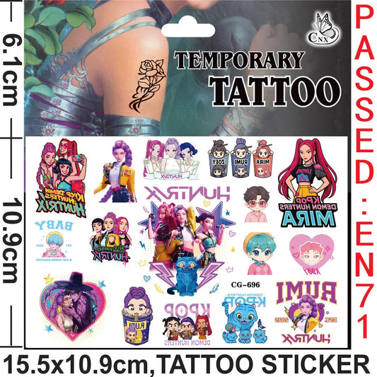 K-Pop Demon Hunters Cartoon Temporary Tattoo Sheets For Kids