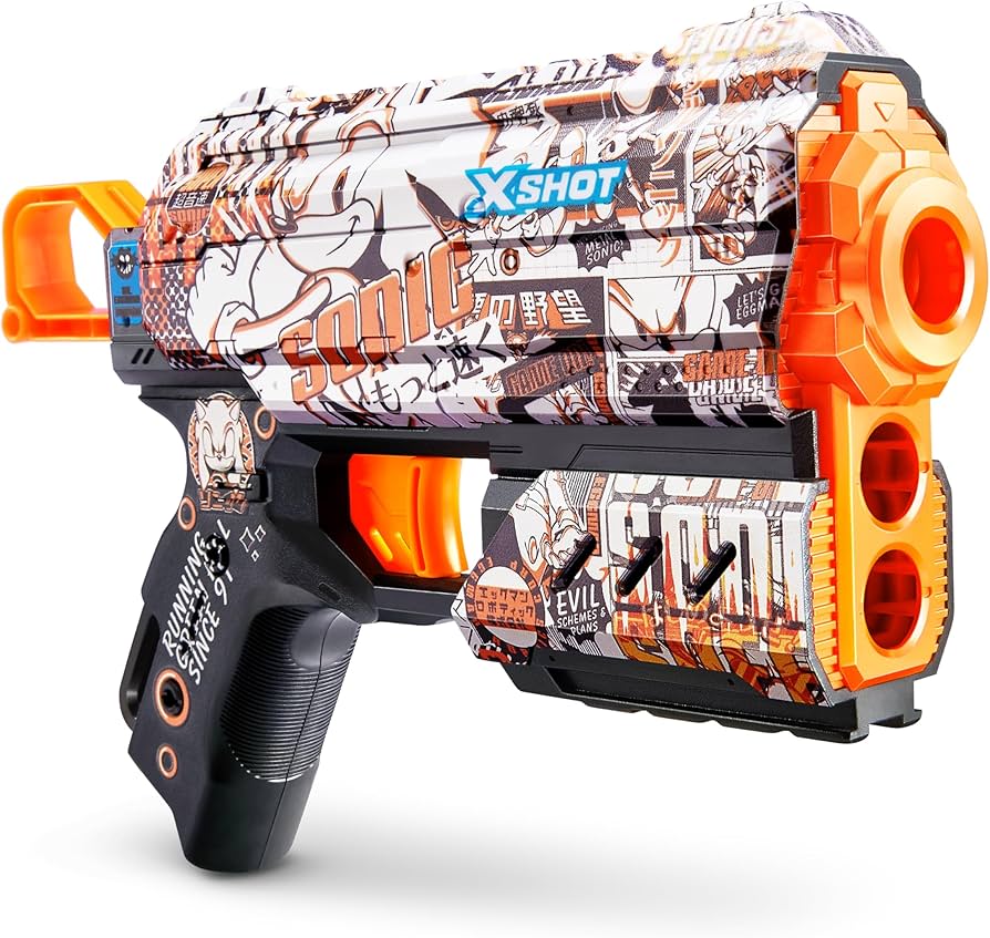 A Zuru X-Shot Sonic Skins flux toy gun with orange and black color scheme featuring character skins and text.