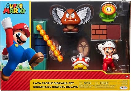 Nintendo Super Mario 2.5" Lava Castle Diorama-Toys-Enchanted Moments-Nintendo Super Mario lava castle diorama figure set the lava castle diorama set lets you recreate the excitement from the super Mario video games. Kids can expand their Mario world with figures and exclusive accessories with feature mechanisms. Mario can use the fire flower to power up, and the fireballs spin around the tower just like in the game. The fireball tower is modular and can be used with other playsets as well. Also included are
