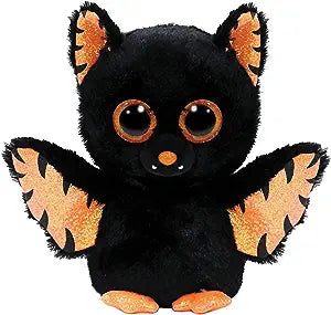 A plush toy resembling a Halloween bat with black fur, shiny eyes, and orange wing details.
