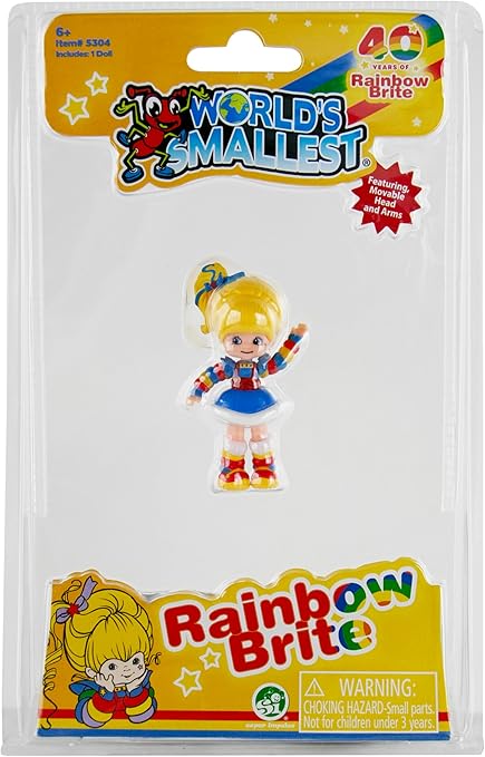 World's Smallest Rainbow Brite-Toys-Super Impulse USA-Celebrate 40 years of color and kindness with the World’s Smallest Rainbow Brite assortment! Featuring Rainbow Brite and her lovable companion Twink, these miniature figures bring the magic of Rainbow Land to your fingertips Each figure is articulated, allowing you to pose them for endless adventures. Each sold separately. Styles are selected at random. Rainbow Brite measures 2.5” H x 1.5” W. Twink measures 1.875” H x 1.625” W. The perfect Easter basket