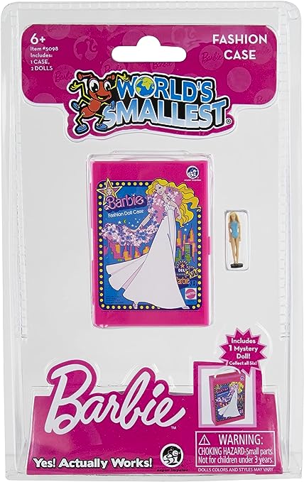 The product image shows the World's Smallest Barbie Fashion Case packaging. The case is designed to be very small, and it includes miniature Barbie figures.