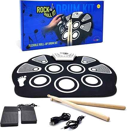 Rock And Roll It – Drum-Toys-MukikiM-About this item Foldable Drum Set for All Ages: The electric drum set with classic black and white colors design. Perfect for beginners - rock out then roll it up! 2 Power Supply Options: Perfect practice drum pad set for kids & adults. Battery and USB power options (cord included), and audio input/output for fun, portable, on-the-go rock sessions! Play & Practice Anywhere: The multifunctional drum pad features multiple drum sounds, professional demos, instrumental accom