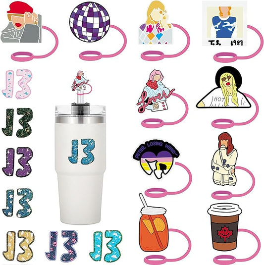 A collection of various designs of straw cover caps, with some caps featuring numbers '13' and different styles, alongside a white tumbler and straws illustrated for presentation purposes.