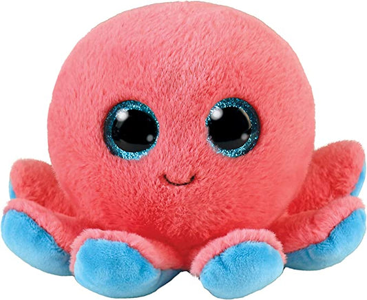 A plush toy resembling a coral and aqua colored octopus with big eyes and a sweet smile.