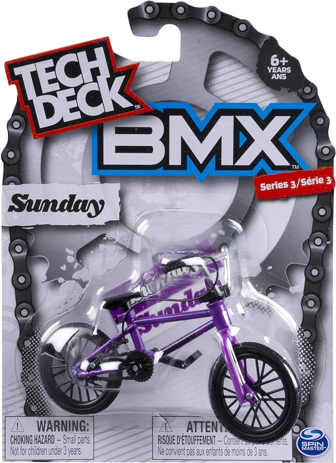 Packaging for Tech Deck BMX fingerboard, featuring a purple BMX fingerbike with 'Sunday' branding on the package.