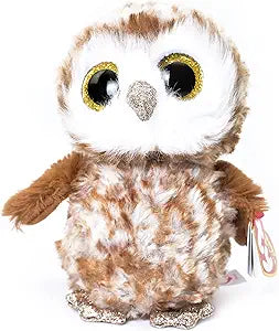 A plush brown owl toy with large colorful glitter eyes, part of the Beanie Boo's collection.