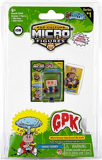 Packaging of 'World's Smallest Micro Figures - GPK' featuring a green and white design with cartoonish characters, branding, and text.
