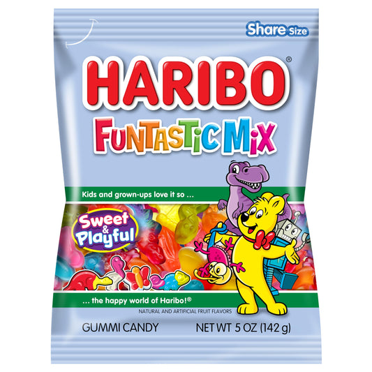 Haribo Funtastic Gummy-Toys-Gotta Get It Gifts-Funtastic Mix: A party in every bite! This mix introduces new and unique characters like race cars, robots, chameleons & more for a fun-filled adventure! Orange, Blueberry, Pineapple, Lemon, Black Currant, Strawberry, Apple, and Raspberry. Sweet Indulgence: Each serving is a delightful 100 calories, perfect for sharing, snacking, or topping desserts with these sweet treats. Joyful Experience: Immerse yourself in the happy world of Haribo, where the vibrant colo