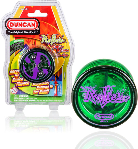 Green Duncan Reflex yo-yo with packaging on a white background