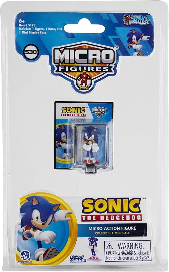 Sonic the Hedgehog micro action figure packaged in a blister pack with a blue and white design, including a mini display case and figure stand.