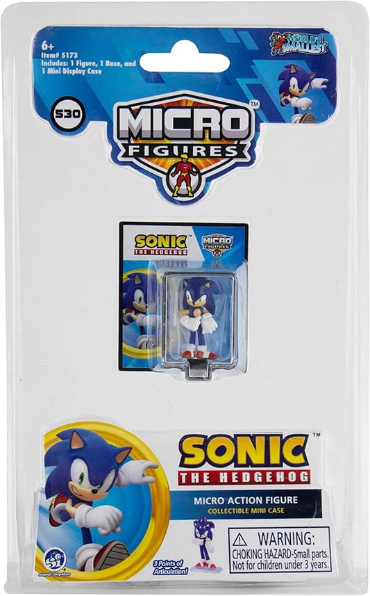 Sonic the Hedgehog micro action figure packaged in a blister pack with a blue and white design, including a mini display case and figure stand.