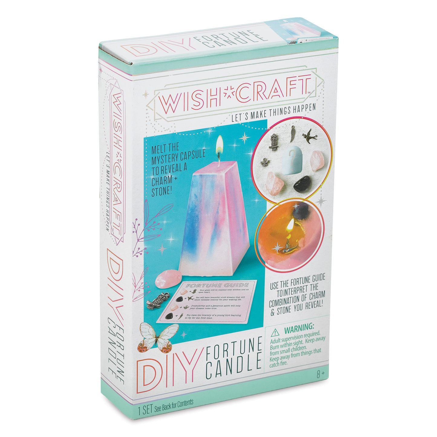 Packaging of Wish*Craft DIY Mystery Fortune Candle with images showing the candle and its fortune-telling mechanism.
