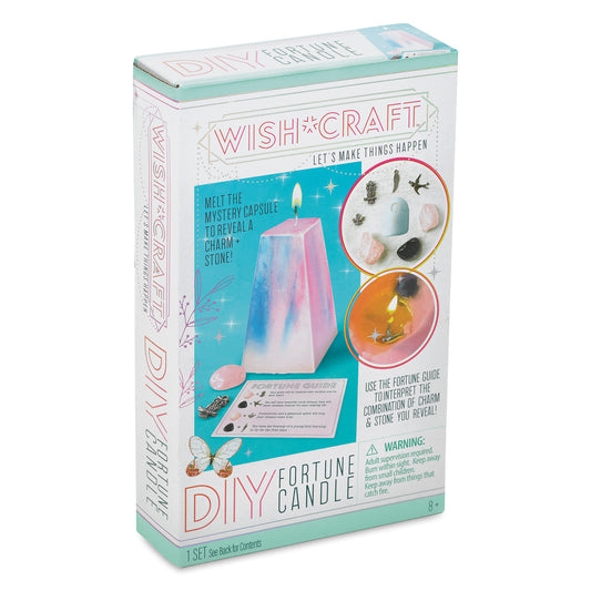 Packaging of Wish*Craft DIY Mystery Fortune Candle with images showing the candle and its fortune-telling mechanism.