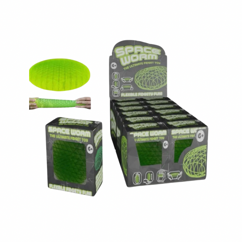 Packaging and individual boxes of 'Space Worm' fidget toys, with one fidget toy visible in a bright green color.