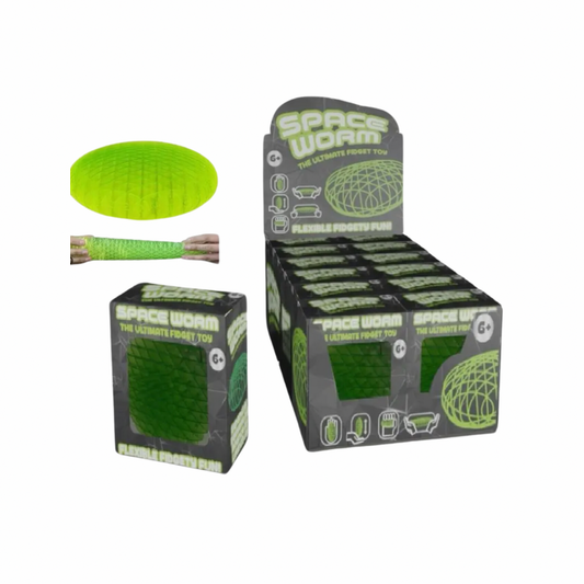 Packaging and individual boxes of 'Space Worm' fidget toys, with one fidget toy visible in a bright green color.