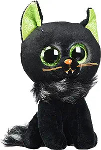 A plush toy resembling a black cat with green eyes and a fluffy tail.