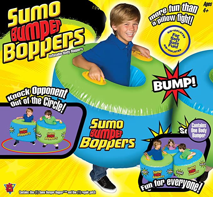 Inflatable sumo bopper toy with two green and yellow inflated rings and children playing with it. packaging shows 'BUMP!' and 'SUMO BUMPER BOPPERS' text.