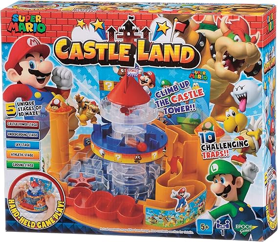 Packaging for 'Super Mario Castle Land' game showing the product with Mario and Luigi characters, and a castle-like structure with moving parts.