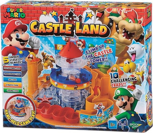 Packaging for 'Super Mario Castle Land' game showing the product with Mario and Luigi characters, and a castle-like structure with moving parts.