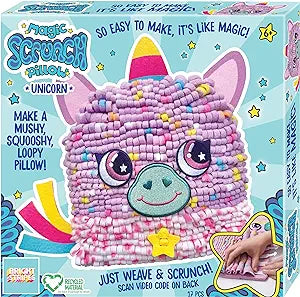 Magic Scrunch Pillow - Unicorn-Toys-Bright Stripes-Interactive Weaving Fun: Weave, scrunch, and stuff with the Magic Scrunch DIY Pillow Kit for kids, adding an extra layer of creativity to their plushcraft pillow crafting adventure. Safe and Stitch-Free: Enjoy peace of mind as your child crafts with no sewing required, eliminating the need for sharp needles and intricate stitching in this plushcraft pillow kit for kids. Charming Embellishments: Decorate with cute embroidered accents and felt pieces provided