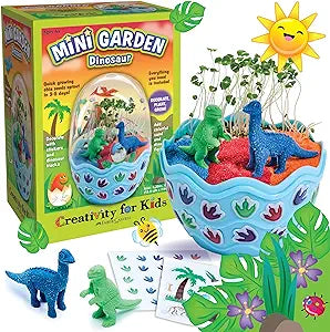 Mini Garden Dinosaur-Toys-Renee Levine Sales-DINOSAUR CRAFT: Decorate, plant, and grow your own mini terrarium kit for kids in a dinosaur egg-shaped environment. This craft for boys ages 6-8 is a fun and engaging toy! Use the quick-grow seeds and fun Jurassic-themed decorations to bring your dinosaur kids toy to life (Dinosaur Garden measures 5.25” h x 3” w.) GIFTS FOR KIDS: Give the perfect 7 year old boys gift to someone who loves science and hands-on activities! Everything you need to grow your own mini