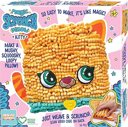 Magic Scrunch Pillow - Kitty-Toys-Bright Stripes-Interactive Weaving Fun: Weave, scrunch, and stuff with the Magic Scrunch DIY Pillow Kit for kids, adding an extra layer of creativity to their plushcraft pillow crafting adventure. Safe and Stitch-Free: Enjoy peace of mind as your child crafts with no sewing required, eliminating the need for sharp needles and intricate stitching in this plushcraft pillow kit for kids. Charming Embellishments: Decorate with cute embroidered accents and felt pieces provided i
