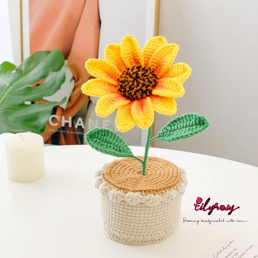 Lilyrosy Crochet Potted Sunflower-Toys-Lilyrosy-This crochet flower pot can be put in your car or office or bedroom. This potted plant is good car accessories. It can make you keep happy and feeling warm. Height: 20cm Crochet plant flower pot, Car Dashboard Decor, Office decor This item is made from crochet thread and clay pot.-Kidz Toys
