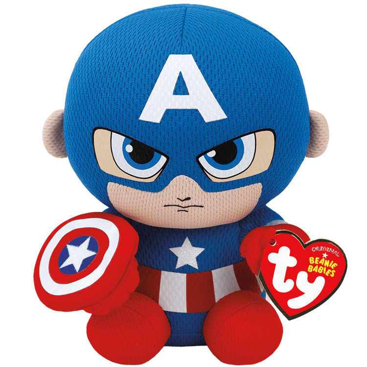 A plush toy of Captain America from the Ty series, featuring a character with a blue helmet, red gloves, and a red shield, posed with a fierce expression.