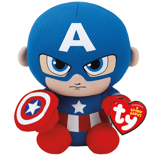 A plush toy of Captain America from the Ty series, featuring a character with a blue helmet, red gloves, and a red shield, posed with a fierce expression.