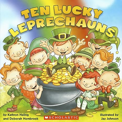 Cover of the children's book 'Ten Lucky Leprechauns' showing colorful illustrations of leprechauns with a pot of gold.