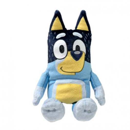 A plush toy resembling a cartoon character with a blue body, yellow and black accents, and a character's face on the front. Bluey show beanie baby