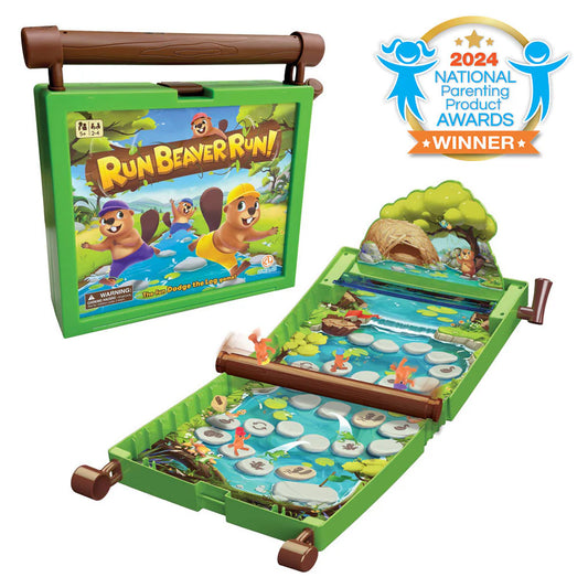 Run Beaver Run!-Toys-Luki Lab-Run little beavers, run! It’s time to hurry back home… but watch out for the rolling log! Be the first lucky beaver to dodge the log and reach the dam first. The new Run Beaver Run game is full of excitement and anticipation with each roll! For 2 to 4 players, age 5 and up. Includes 4 beaver playing pieces, 1 fold-up gameboard case for easy, on-the-go play, 1 die, 1 log, 1 log release lever and instructions. No batteries required.-Kidz Toys
