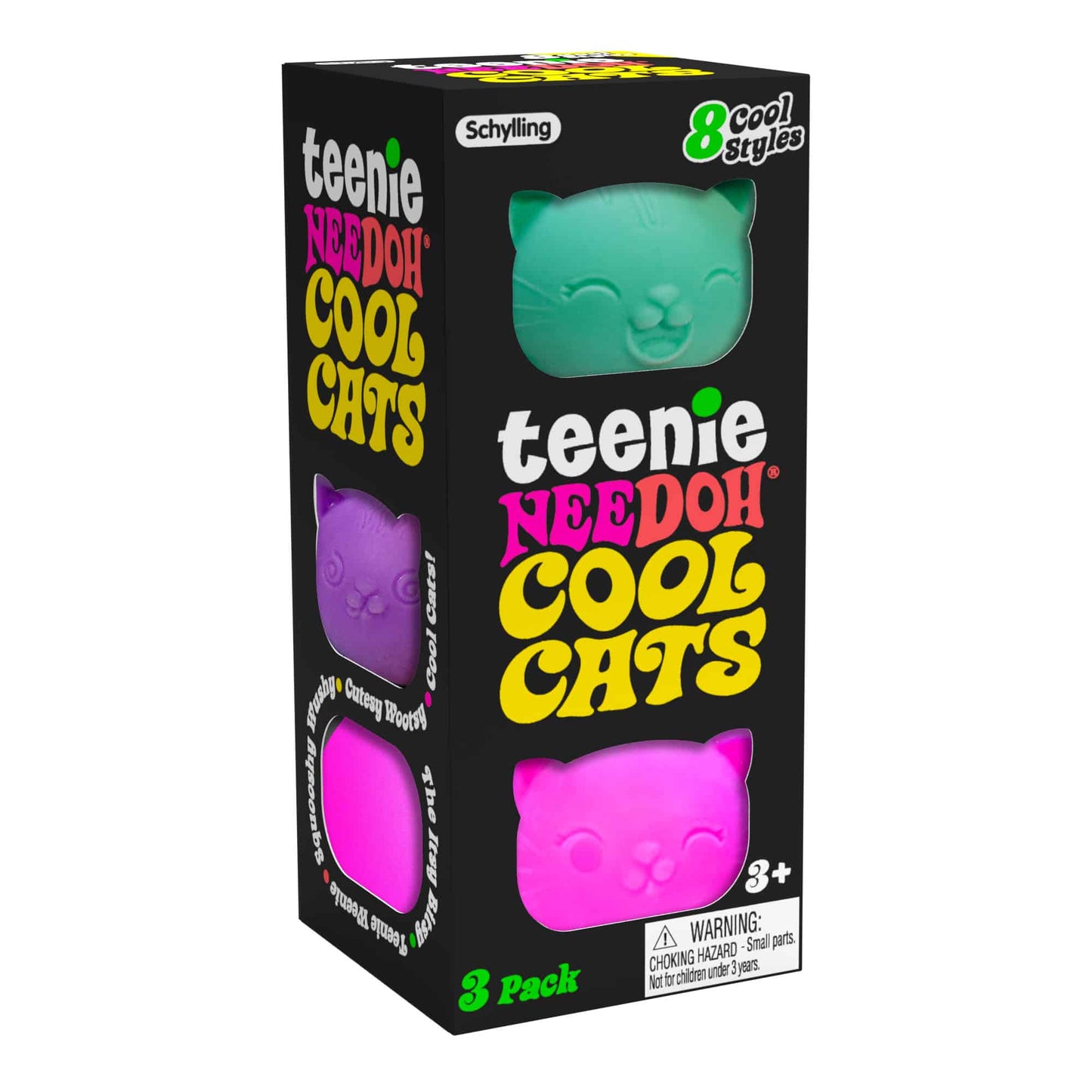 A box of Teenie NeeDoh Cool Cats, featuring three silicone cat-shaped erasers in pink, green, and purple, with the product name and image of a cat on the packaging.