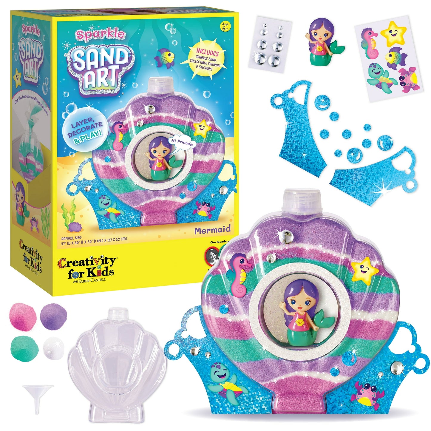 A mermaid-themed sand art kit for kids, including a custom-designed sand art bottle, sand funnel, and various colorful sand layers, along with sparkly foil accents and stickers.