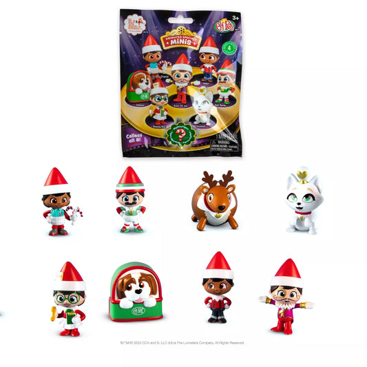 A collection of miniature figures from The Elf on the Shelf and Elf Pets series, including various characters in festive attire.