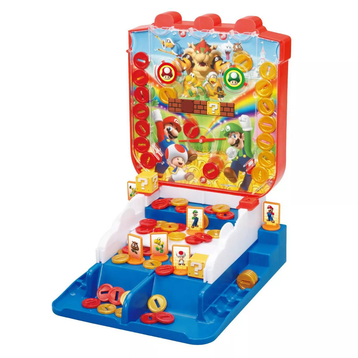 A colorful Super Mario Lucky Coin Arcade Tabletop game with character plates, coins, and a ramp system.