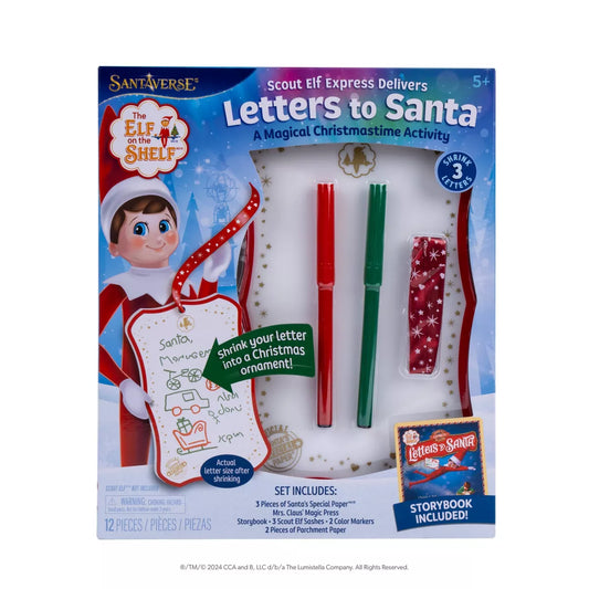 Scout Elf Express Delivers Letters to Santa Mini-Toys-CC and B-Description This one-of-a-kind, Scout Elf Express Delivers Letters to Santa® Mini activity kit and storybook bring together the beloved Christmas traditions of writing letters to Santa, trimming the tree, holiday baking and The Elf on the Shelf®. Excitement builds as your children’s full-sized letters to Santa shrink into elf-sized messages. These messages are delivered straight to the North Pole by their Scout Elf friend! After Santa reads the
