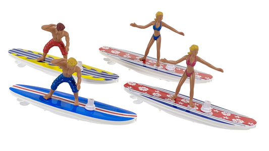 A set of wind-up surfer toys in various colors, each with a blue surfboard and a figure in a swimsuit standing upright on the board.