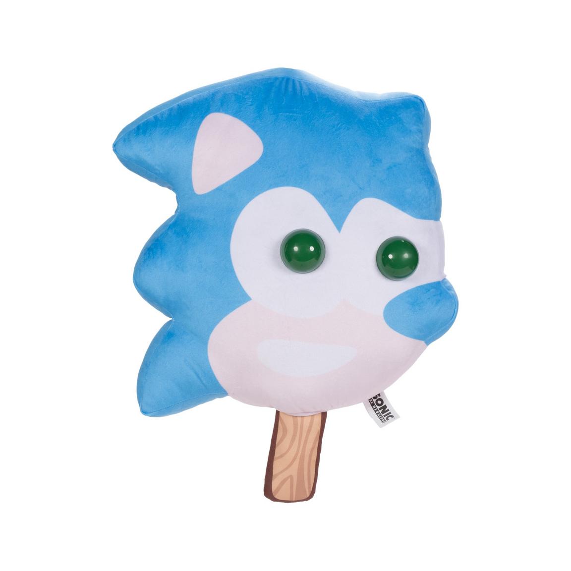 Blue and white ice cream-shaped plush toy with a wooden stick on a white background