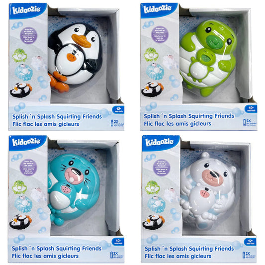 A set of four Splash n' Splash Squirting Friends bath toys by Kids Olivia, packaged in boxes. The toys include a black and white penguin, a green frog, a blue fish, and a white polar bear.
