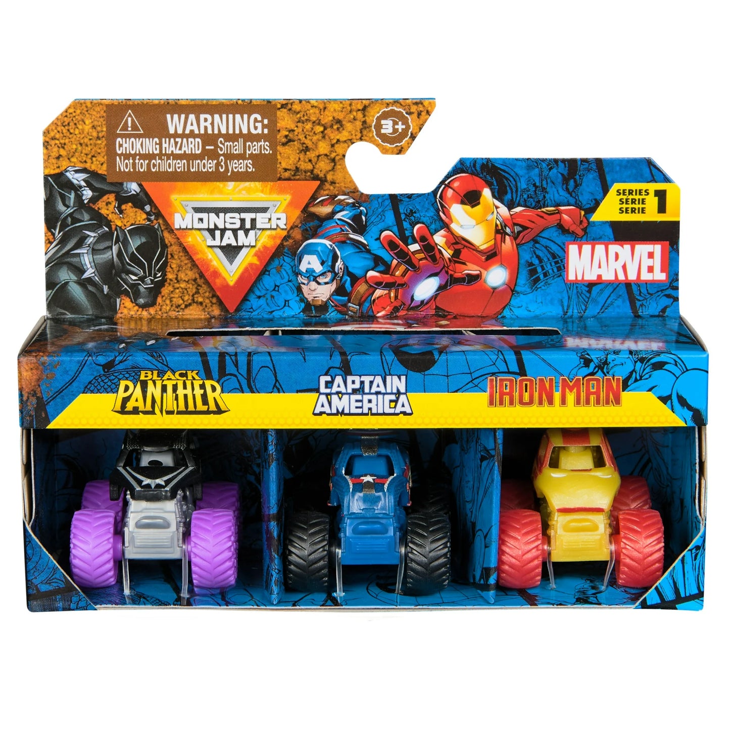 Monster Jam, Marvel Mini Monster Truck 3-Pack, Black Panther, Captain America, Iron Man Die-Cast Monster Trucks, 1:87 Scale,-Toys-Spin Master-Product details Charge into thrilling Monster Jam battles with the official mini Monster Jam Marvel 1:87 scale die-cast truck 3-Packs! Each set stars 3 Marvel iconic heroes, such as Black Panther, Captain America, Iron Man, Thor, and War Machine! These monster trucks, emblazoned with the symbols and colors of your favorite Super Heroes, bring home the spectacle of sup