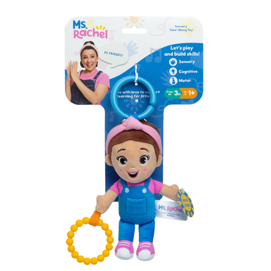 Ms. Rachel Sensory Take-Along Toy-Toys-Spin Master-Description Take the fun of Ms. Rachel with you and your baby anywhere you want to go thanks to the Ms. Rachel Sensory Take-Along Toy! Inspired by Ms. Rachel’s popular baby and toddler videos, this toy is made with love to support learning for littles. The Ms. Rachel Sensory Take-Along Toy comes with multiple sensory surfaces to soothe babies and stimulate their senses, including "crinkley" textures, a rattle sound, and a teether. Good for both high and low