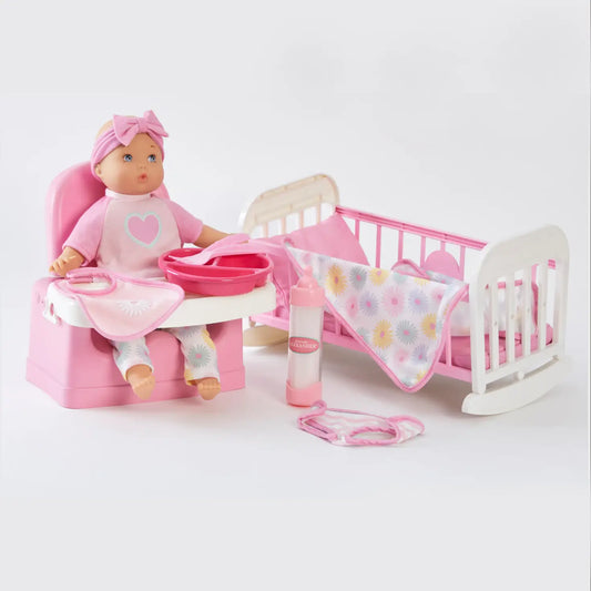 Madame Alexander My First Playset-Toys & Games-Enchanted Moments-Introduce your child to the world of imagination with the My First Playset from Madame Alexander! This limited edition playset features a 12" doll, crib, feeding chair and accessories like a bib, bottle, utensils and a diaper. Watch as your child nurtures and cares for their new doll companion, encouraging creativity and empathy.-Kidz Toys